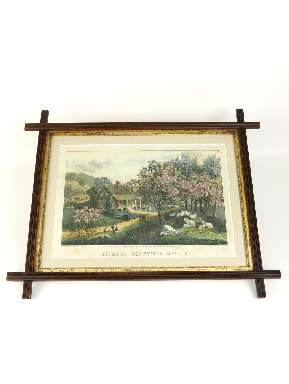 Antique Currier & Ives American Homestead Spring Hand Colored Litho Framed 19x15